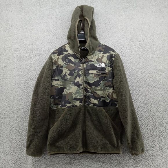 North Face Jacket Teen Boys XXL Green Camo Color Block Fleece Full‎ Zip Hooded - Picture 1 of 8